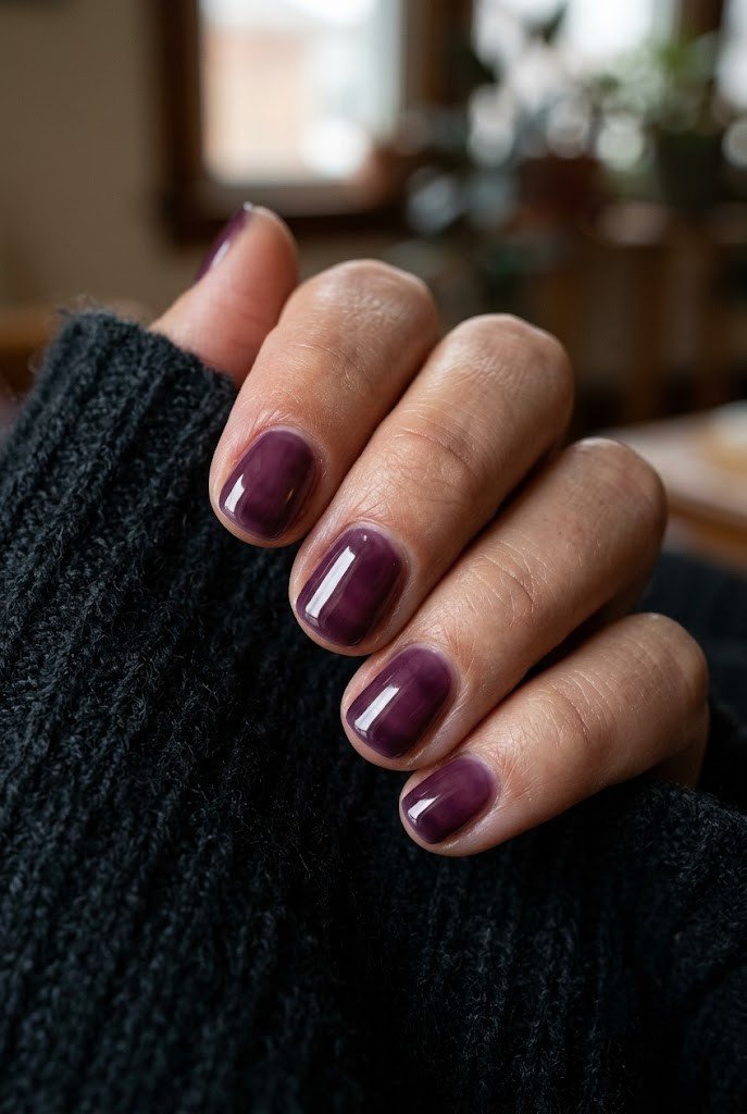 Short nails in sheer plum-purple grape jelly gel