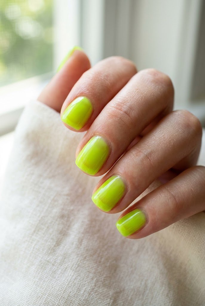 Short nails in bright neon lime green jelly gel