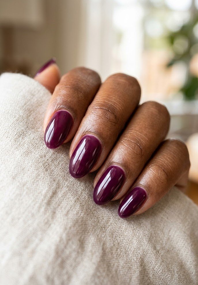 Short almond nails in deep mulberry jelly gel on dark skin