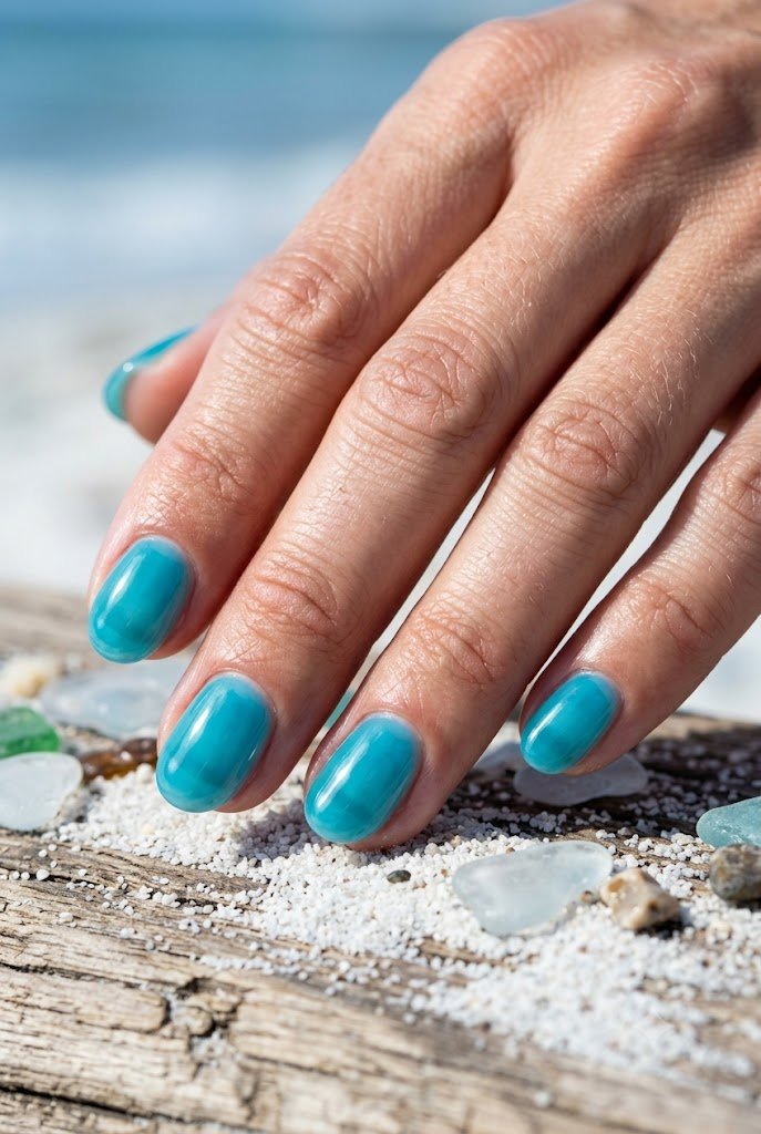 Short nails in translucent ocean-blue jelly gel resembling sea glass