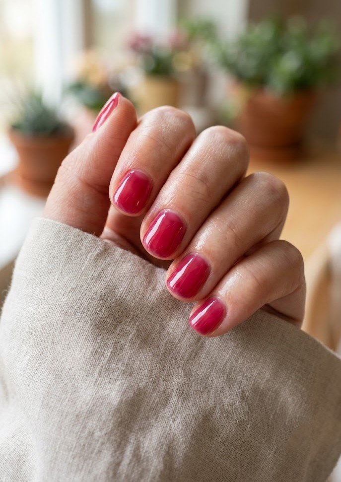 Short nails in bright sheer raspberry jelly gel