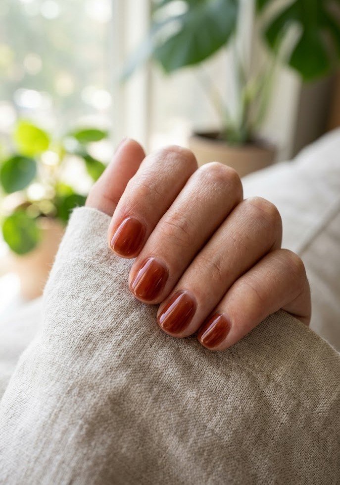 Short nails in warm reddish-brown root beer jelly gel