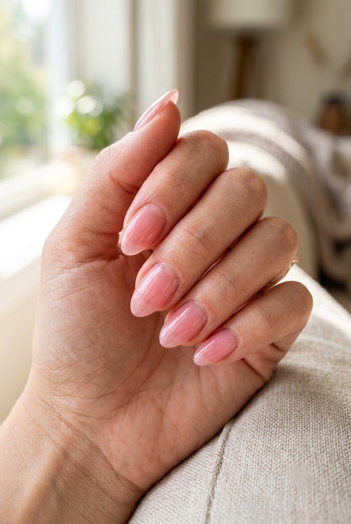 Sheer glossy jelly soap nails on short almond shape