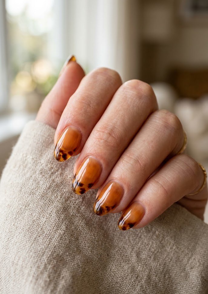 Glazed jelly tortoiseshell French tips on short almond nails