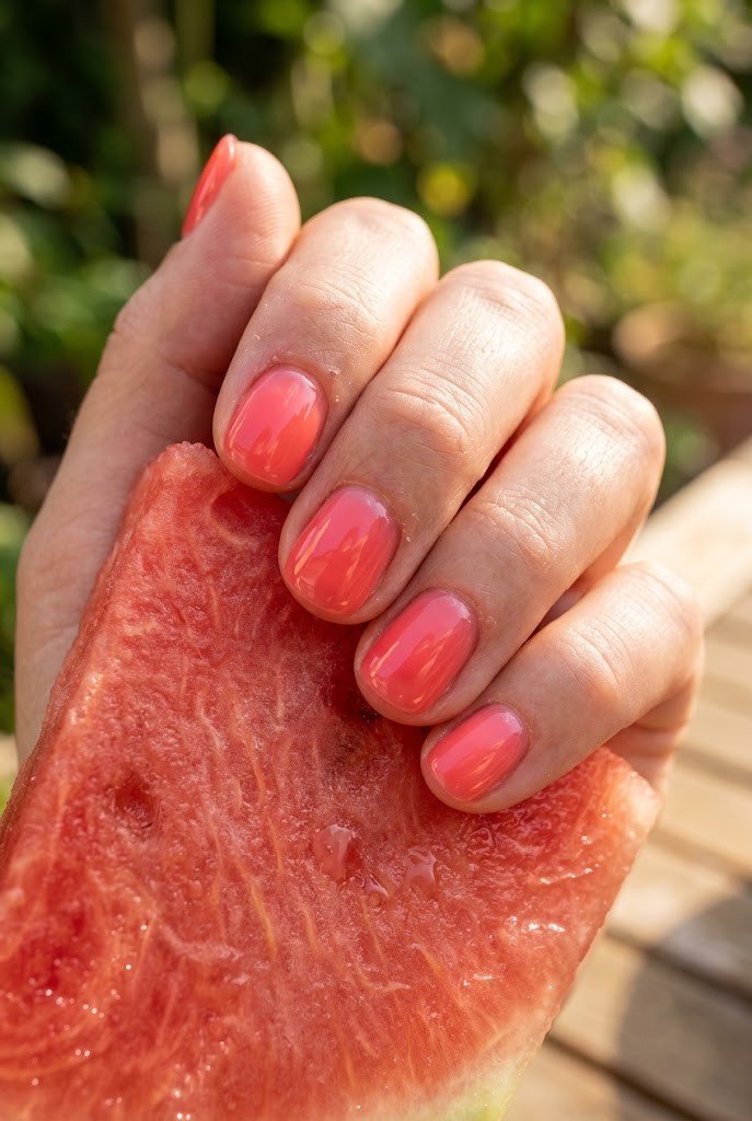 Short nails in juicy coral-pink watermelon jelly gel