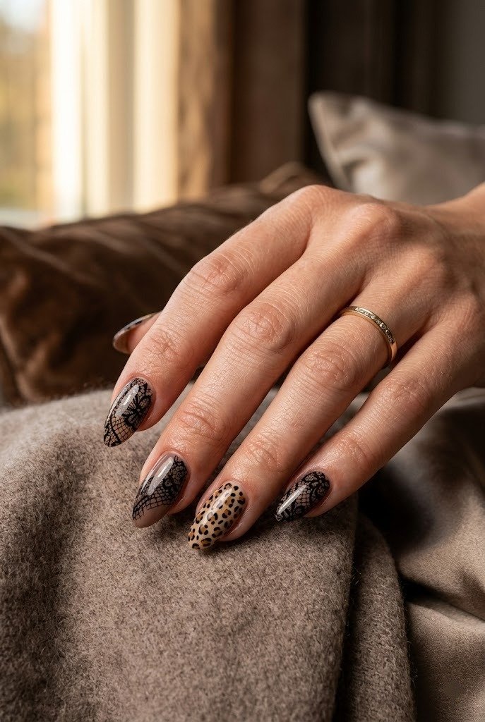 Lace and leopard print mixed manicure, delicate meets playful
