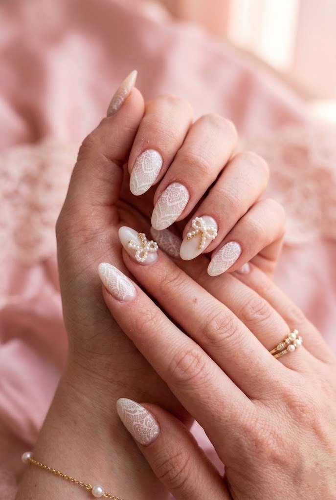 Coquette lace nails with delicate 3D ribbon bows on accent fingers