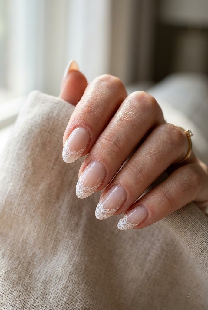 Lace-trimmed French tip nails on short almond shape, white lace edge on milky base