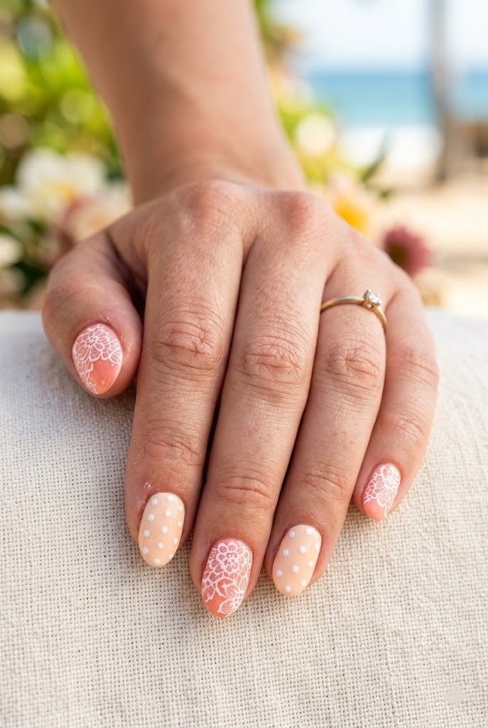 Mix and match lace and polka dot nails in one color story