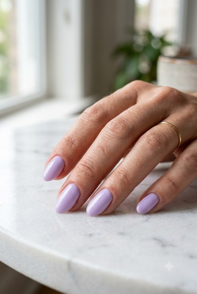 Short almond nails in pastel lavender polish