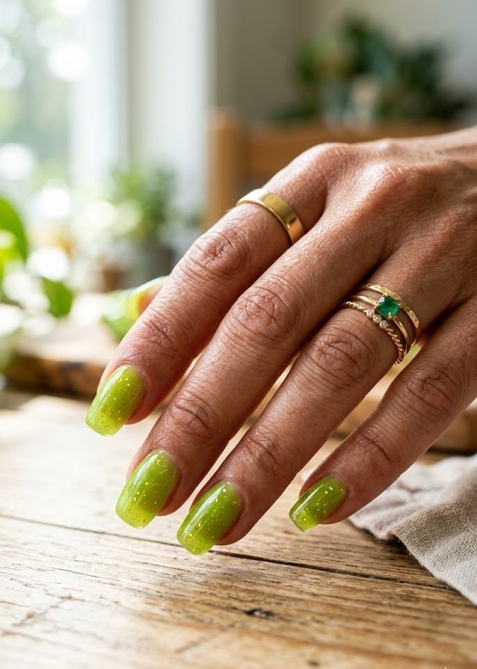 See-through lime green margarita jelly nails with gold rings