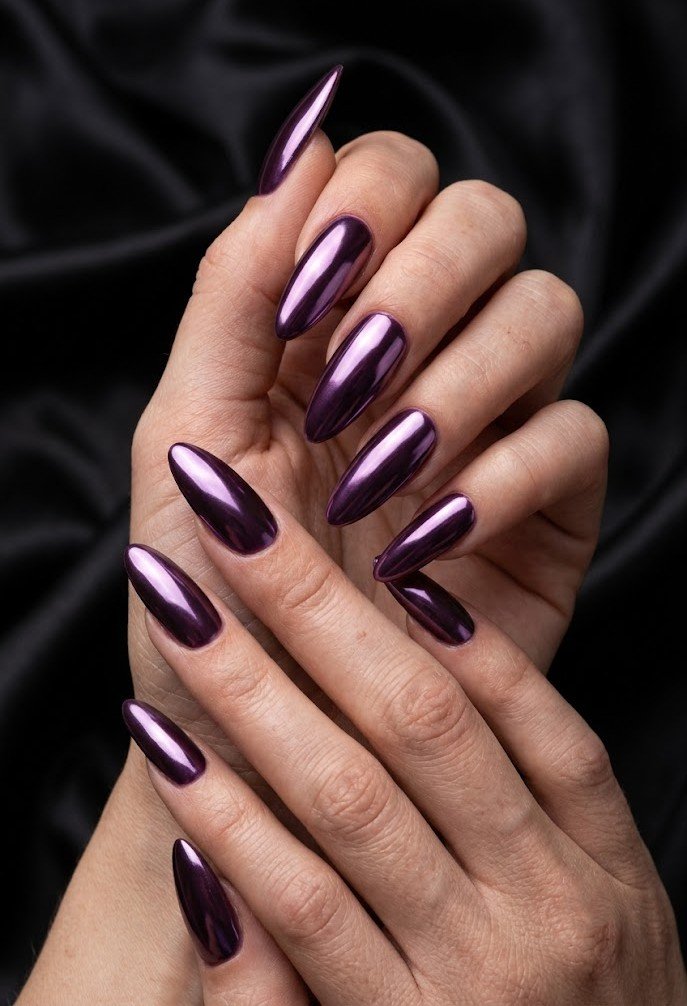 Long structured almond nails in mirror plum chrome