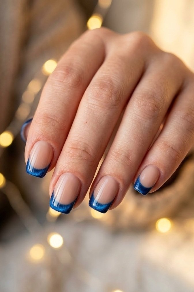 Magnetic velvet French tips on short squoval nails with a sapphire velvet tip glow on a nude base
