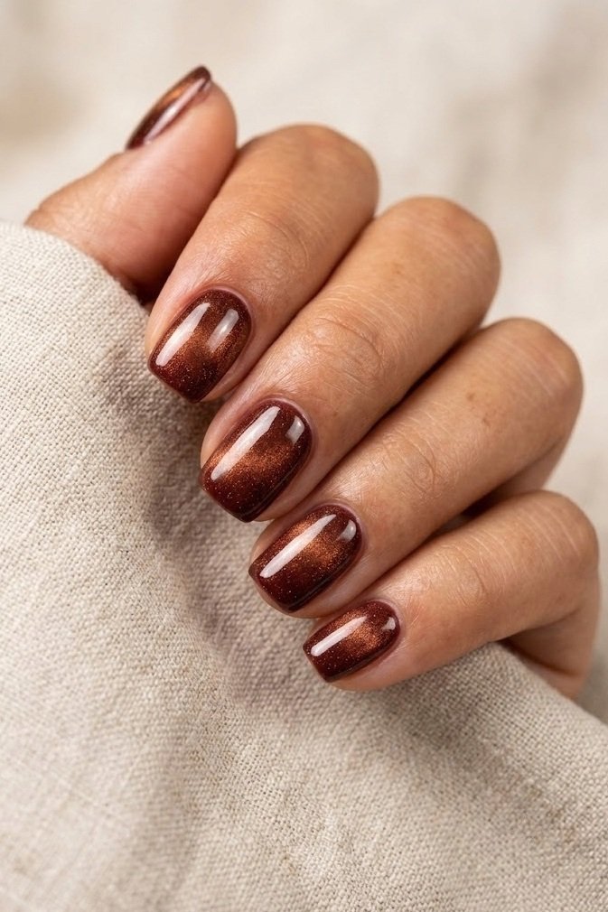 Mahogany red-brown velvet nails on short squoval nails with a warm gold shimmer