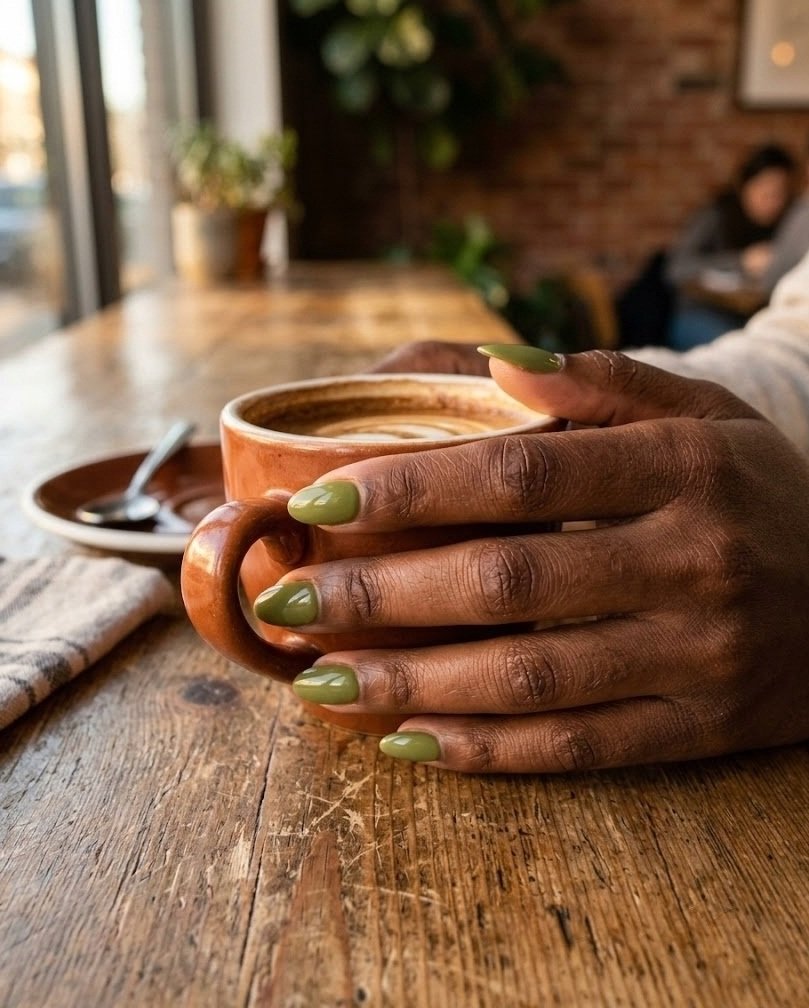 Short almond nails in warm matcha green on a deep skin tone hand holding a coffee cup