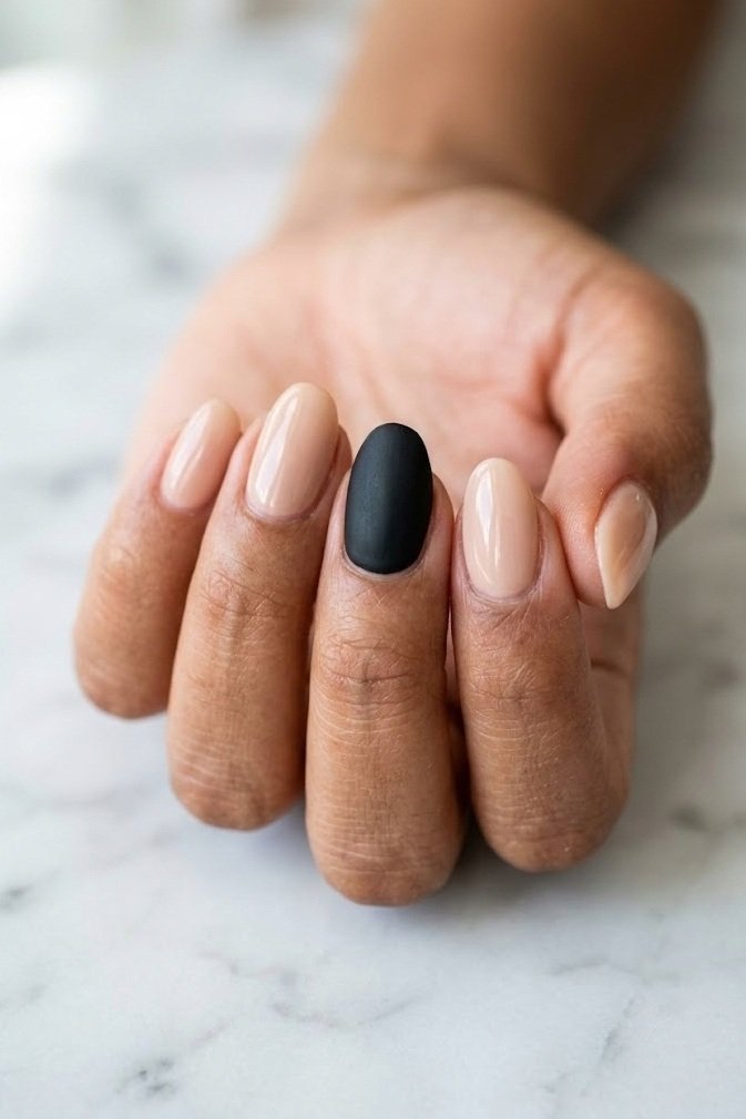 Short nails with four glossy nude nails and one matte black accent on the middle finger
