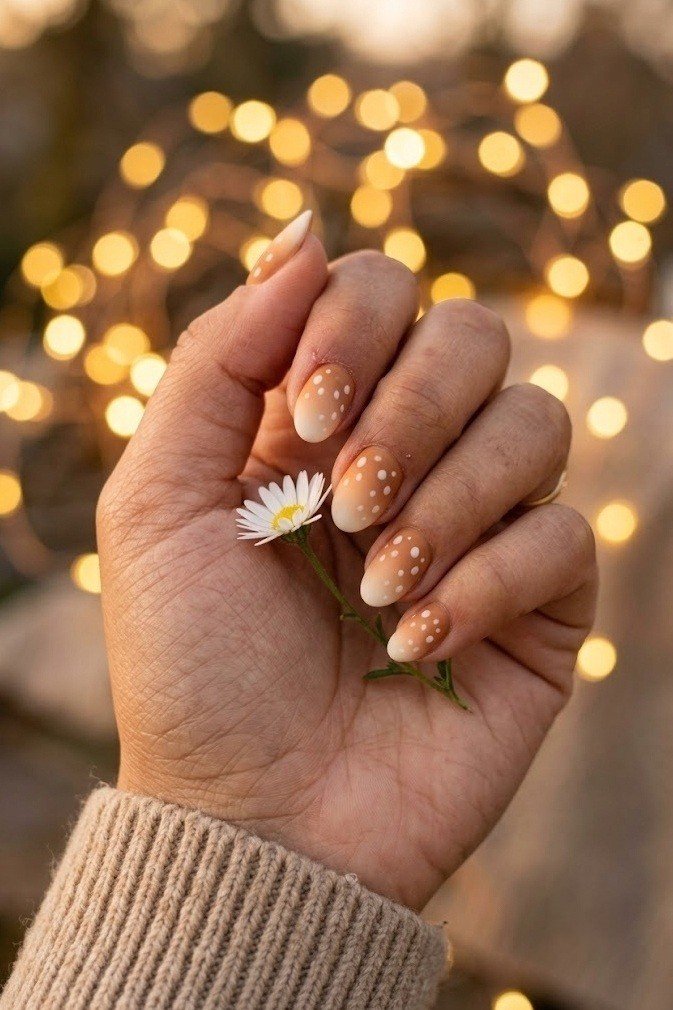Matte caramel fawn nails with soft white spots on short almond nails against blurred fairy lights