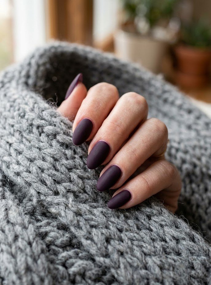 Matte dark plum almond nails against a gray wool scarf