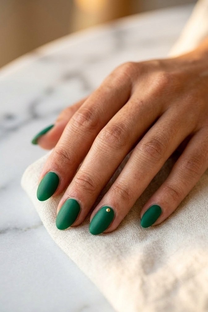 Matte emerald short almond nails with one small gold dot near the base of the ring finger.
