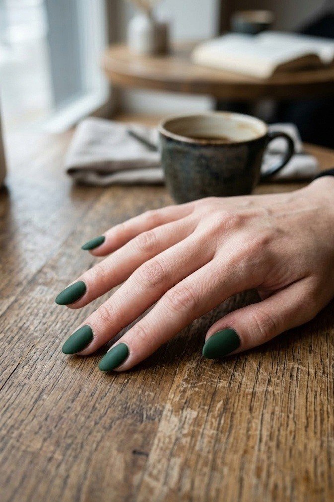 Flat matte deep forest green short almond nails with no shine.