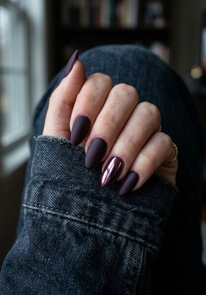 Matte plum almond nails with one mirror chrome accent nail