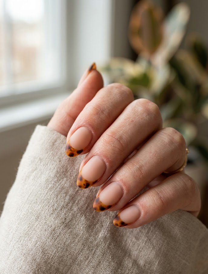 Matte tortoiseshell French tips on short almond nails