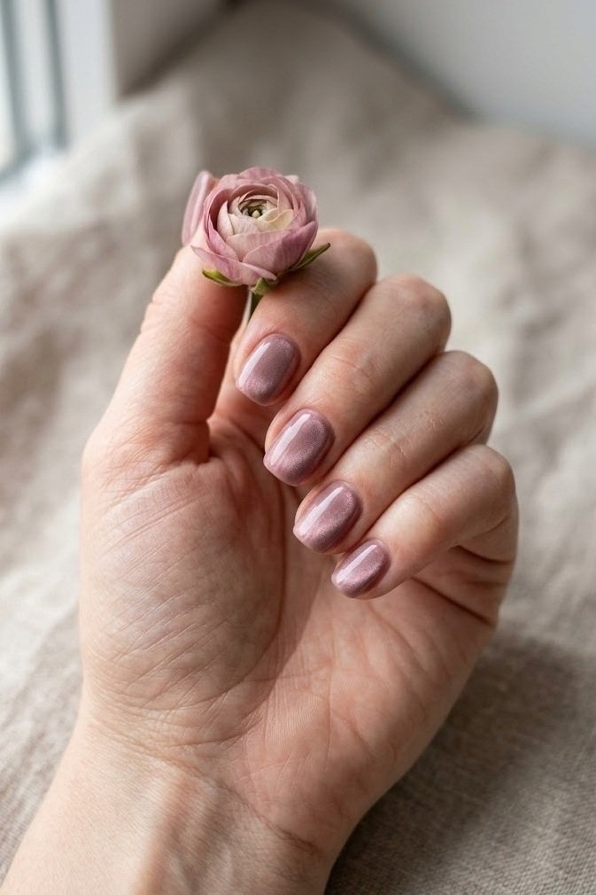 Dusty mauve velvet nails on short squoval nails with a subtle shimmer glow