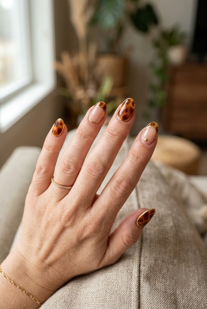Mix-and-match tortoiseshell nails with gold outlines on short almond nails