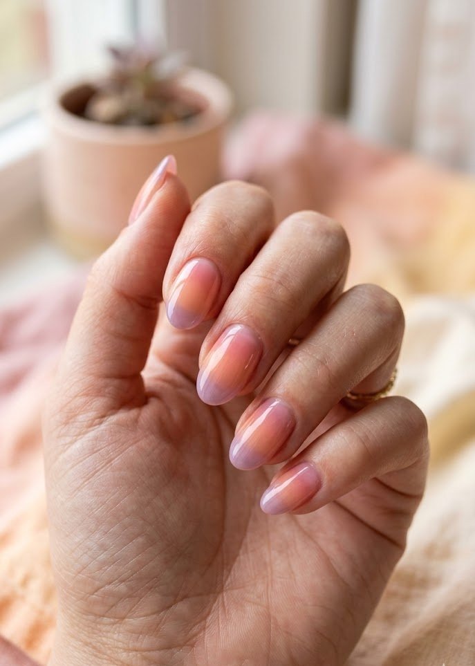 Melted sorbet jelly ombre nails blending pink peach and lilac