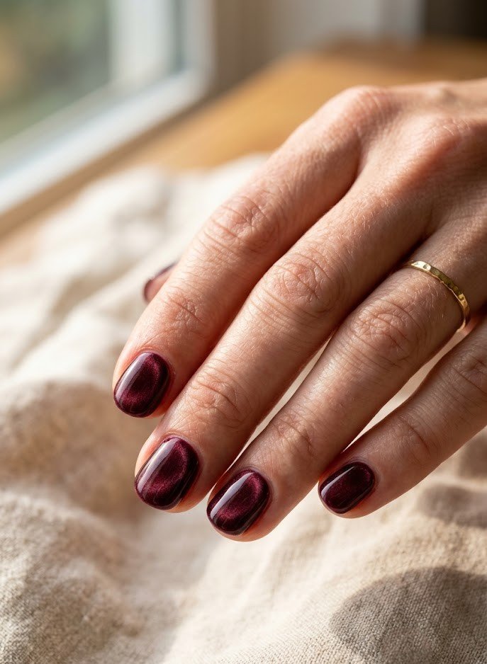 Deep merlot velvet round nails for cozy fall days