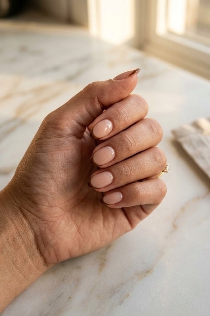 Whisper-thin chocolate brown micro French tip on short almond nails