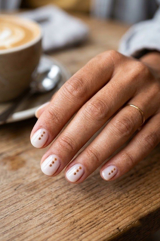 Milky white nails with tiny caramel fawn micro spots on very short round nails