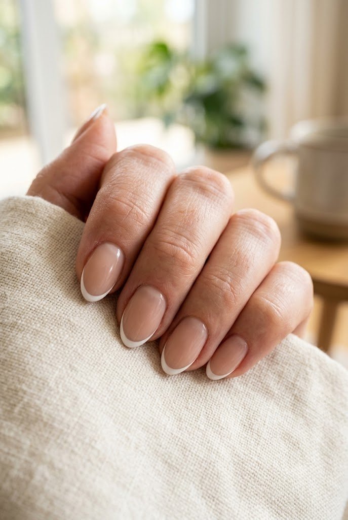 Micro French tip on short almond nails