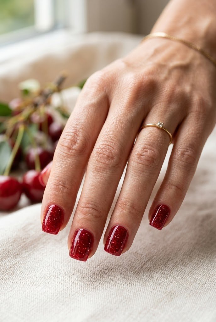 Micro glitter jelly cherry nails