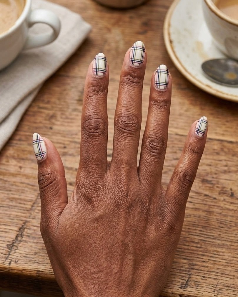 Short almond nails with a fine micro tartan grid in navy, olive and berry on all nails