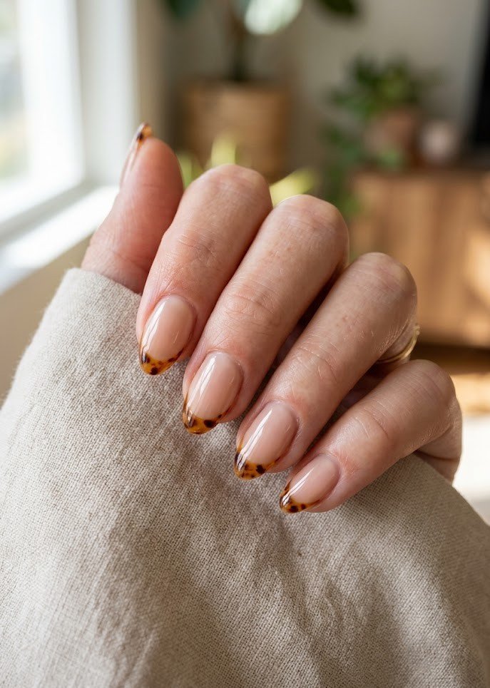 Short almond nails with thin micro tortoiseshell French tips in warm amber