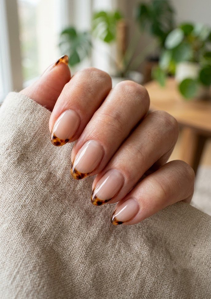 Milky base nails with thin tortoiseshell French tips