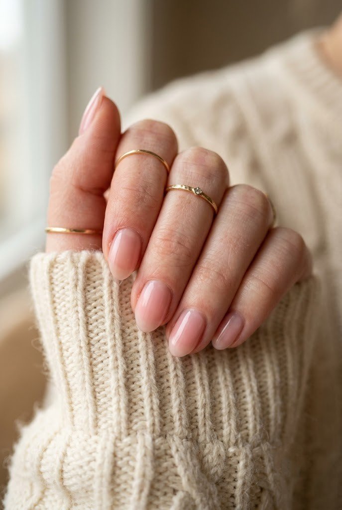 Short almond nails painted sheer milky strawberry-pink for back to school