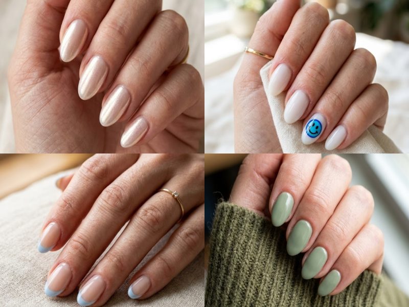 Short almond nails painted sheer milky strawberry-pink for back to school