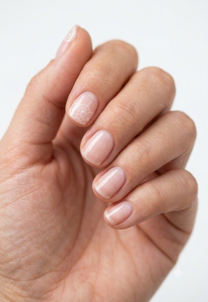 Milky pink nails with delicate white doily pattern