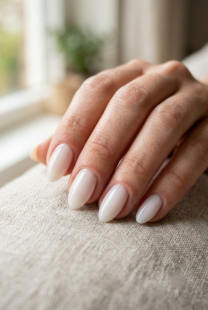 Sheer milky white short almond nails