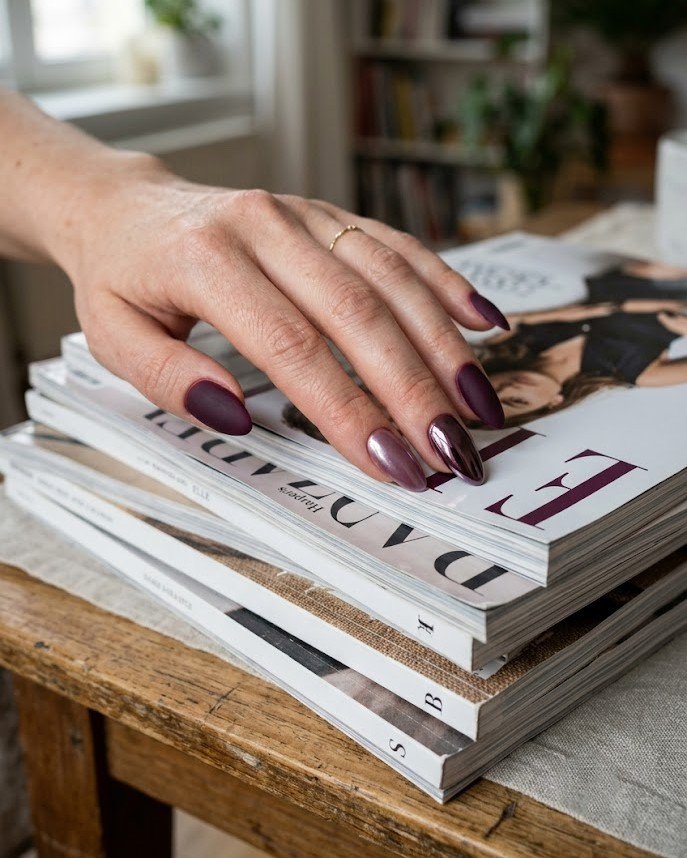Mixed matte glazed and mirror finishes on dark plum almond nails