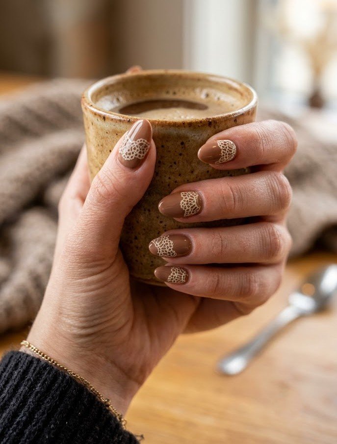Warm mocha latte nails with cream doily pattern
