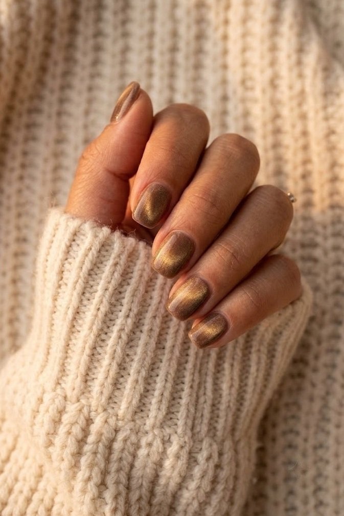 Warm mocha brown velvet nails on short squoval nails with a golden shimmer