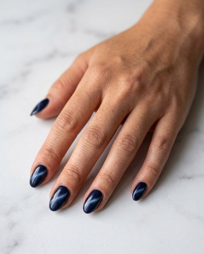 Inky navy cat eye short almond nails with one crisp diagonal light line on white marble