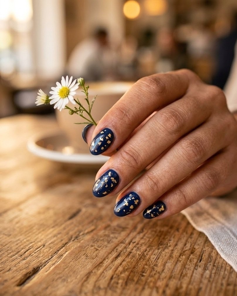 Deep navy short almond nails with scattered gold foil flakes on a wooden cafe table