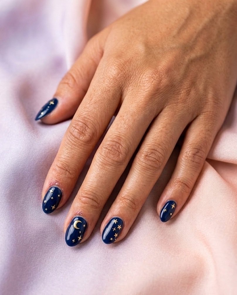 Deep navy short almond nails with tiny gold stars and a crescent moon on pastel silk