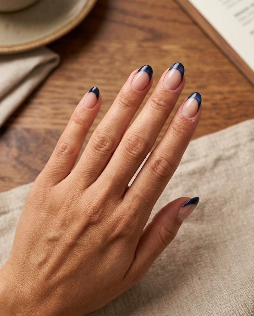 Sheer nude short almond nails with dark navy velvet French tips on a wooden cafe table