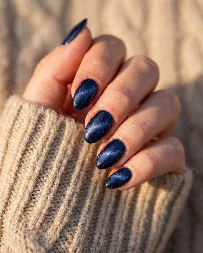 Deep navy velvet magnetic short almond nails with a soft diagonal glow on a knit sweater sleeve