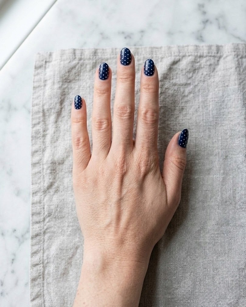 Navy short almond nails with tiny evenly spaced white polka dots on white marble